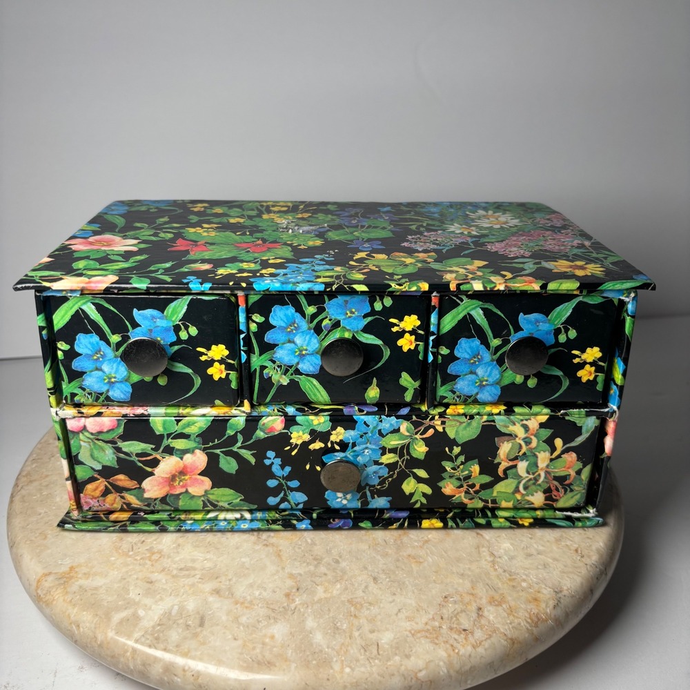 Vintage Floral Botanical 4 Drawer Jewelry Chest Organizer Boho Retro Cottage
